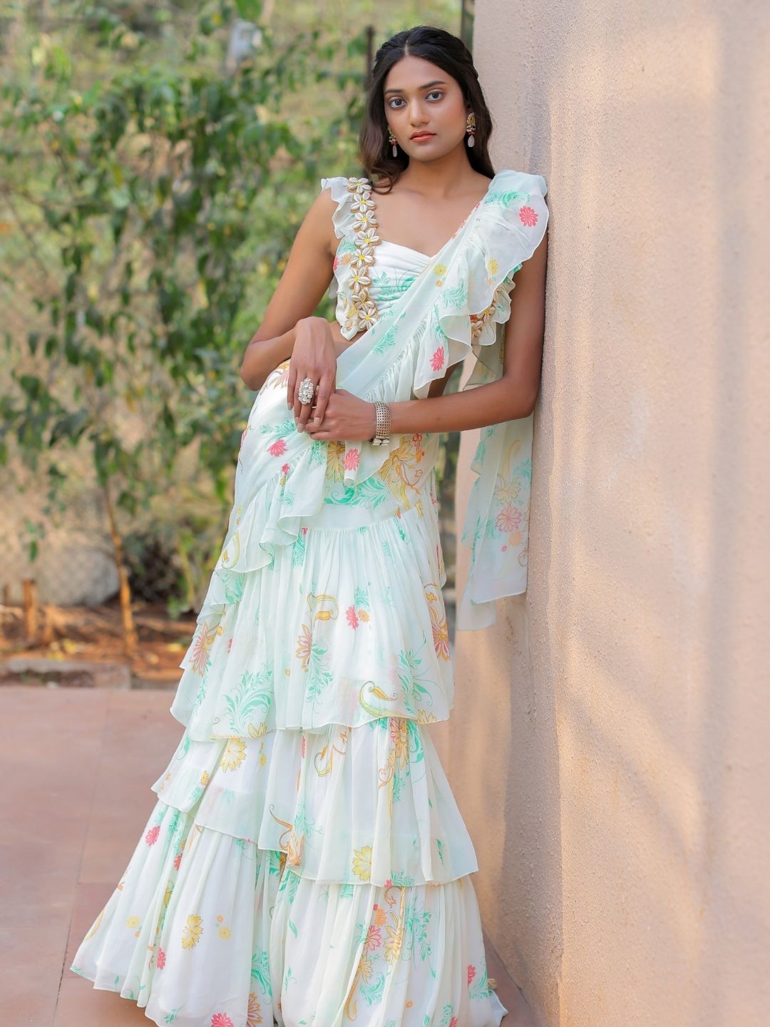 White printed Ruffle Saree Set