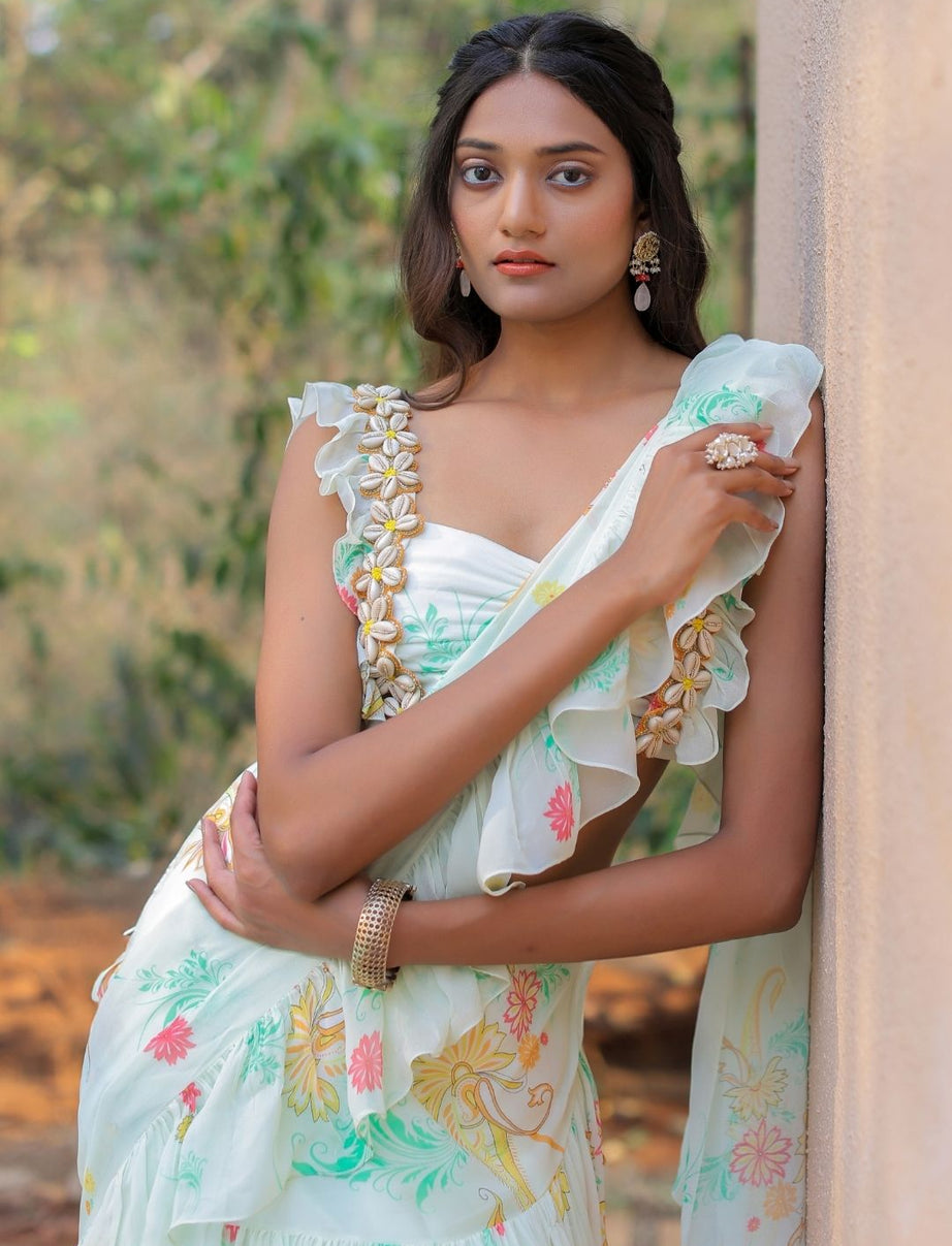 White printed Ruffle Saree Set