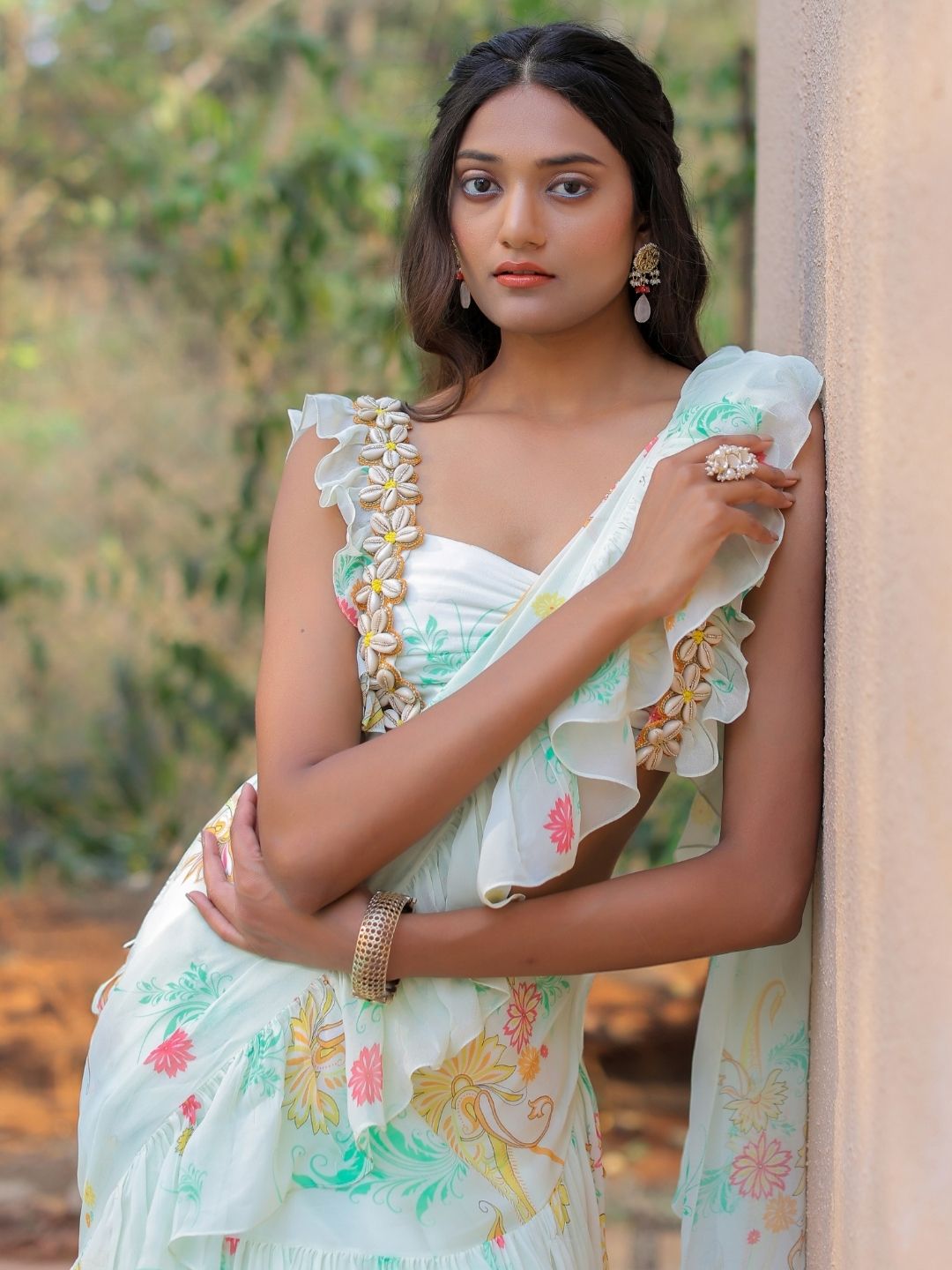 White printed Ruffle Saree Set