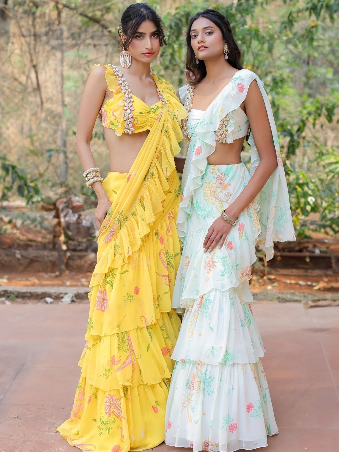Yellow printed Ruffle Saree Set