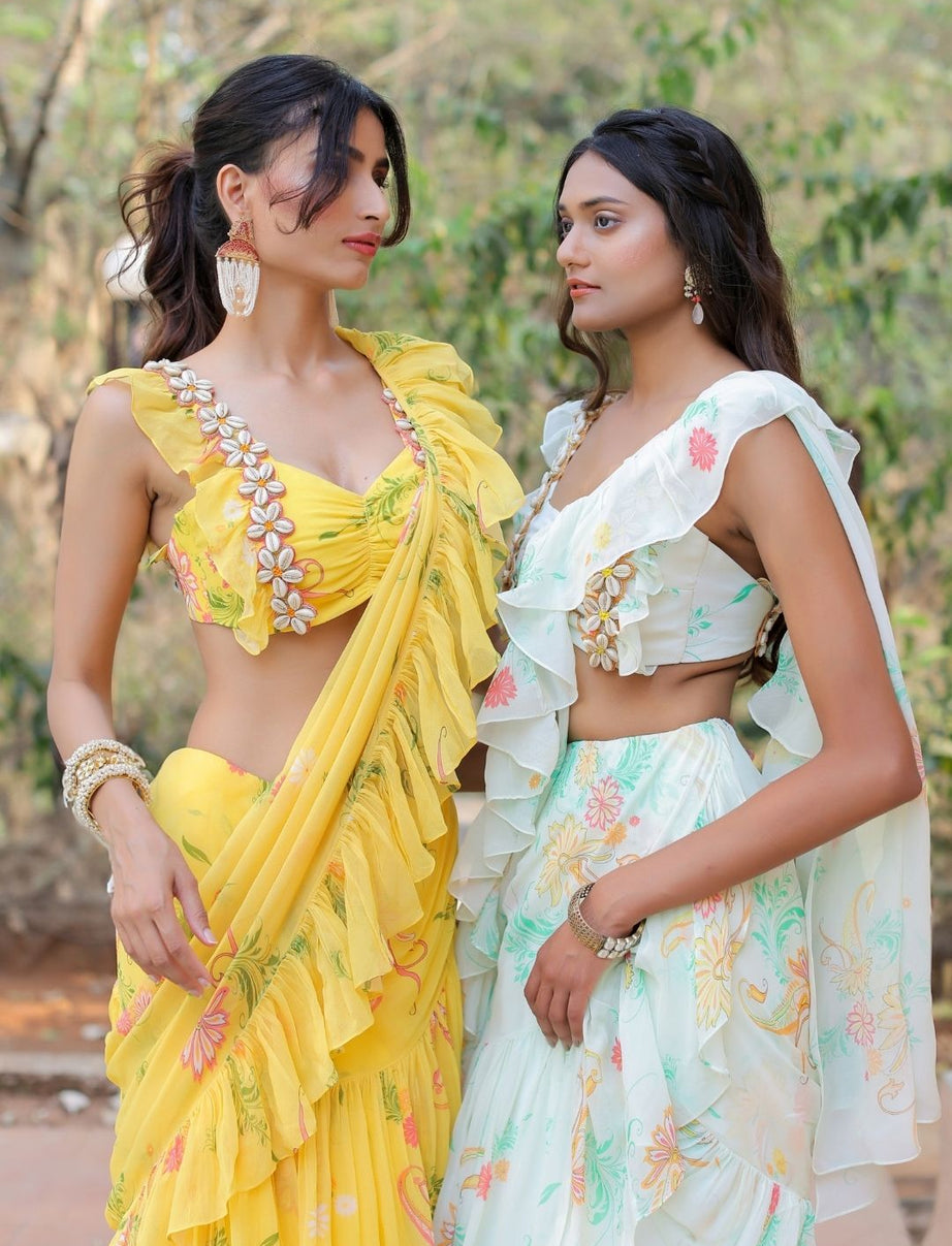 Yellow printed Ruffle Saree Set