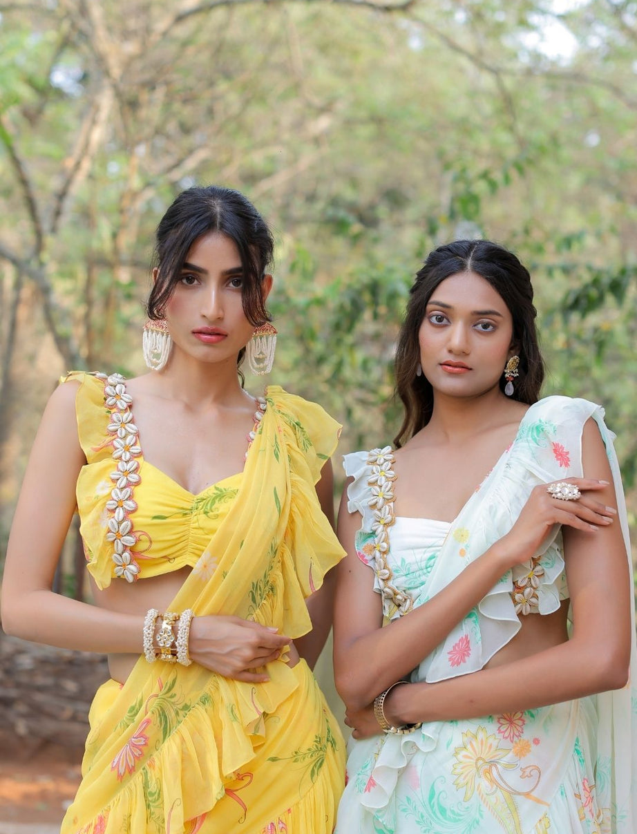 Yellow printed Ruffle Saree Set