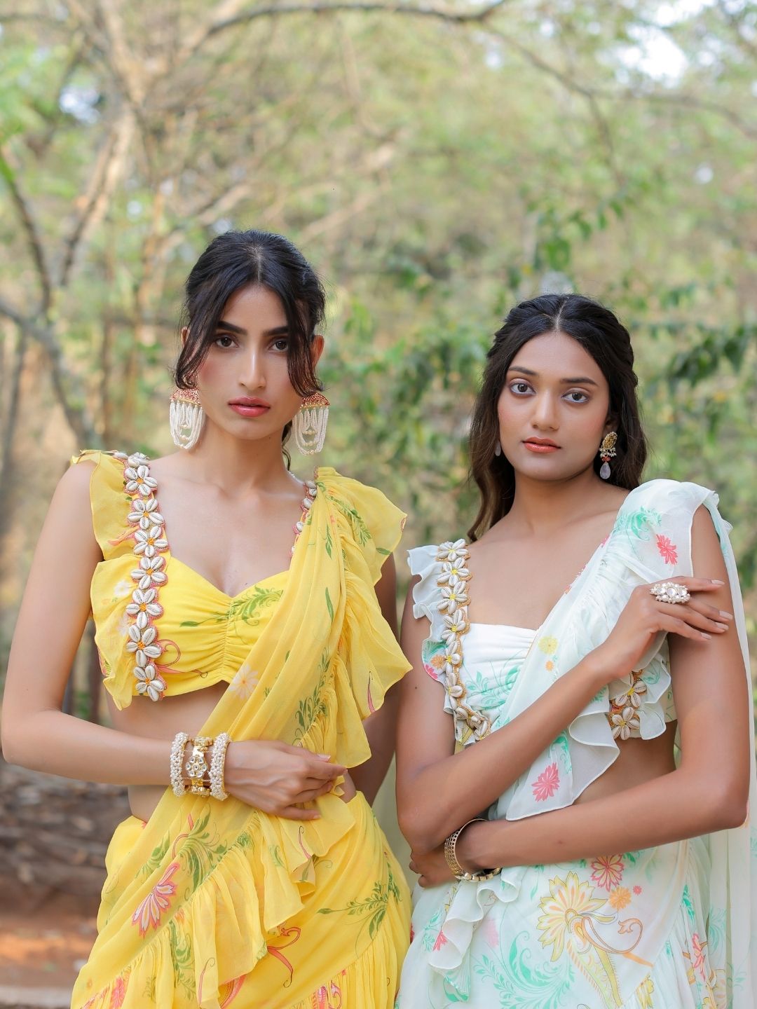 Yellow printed Ruffle Saree Set