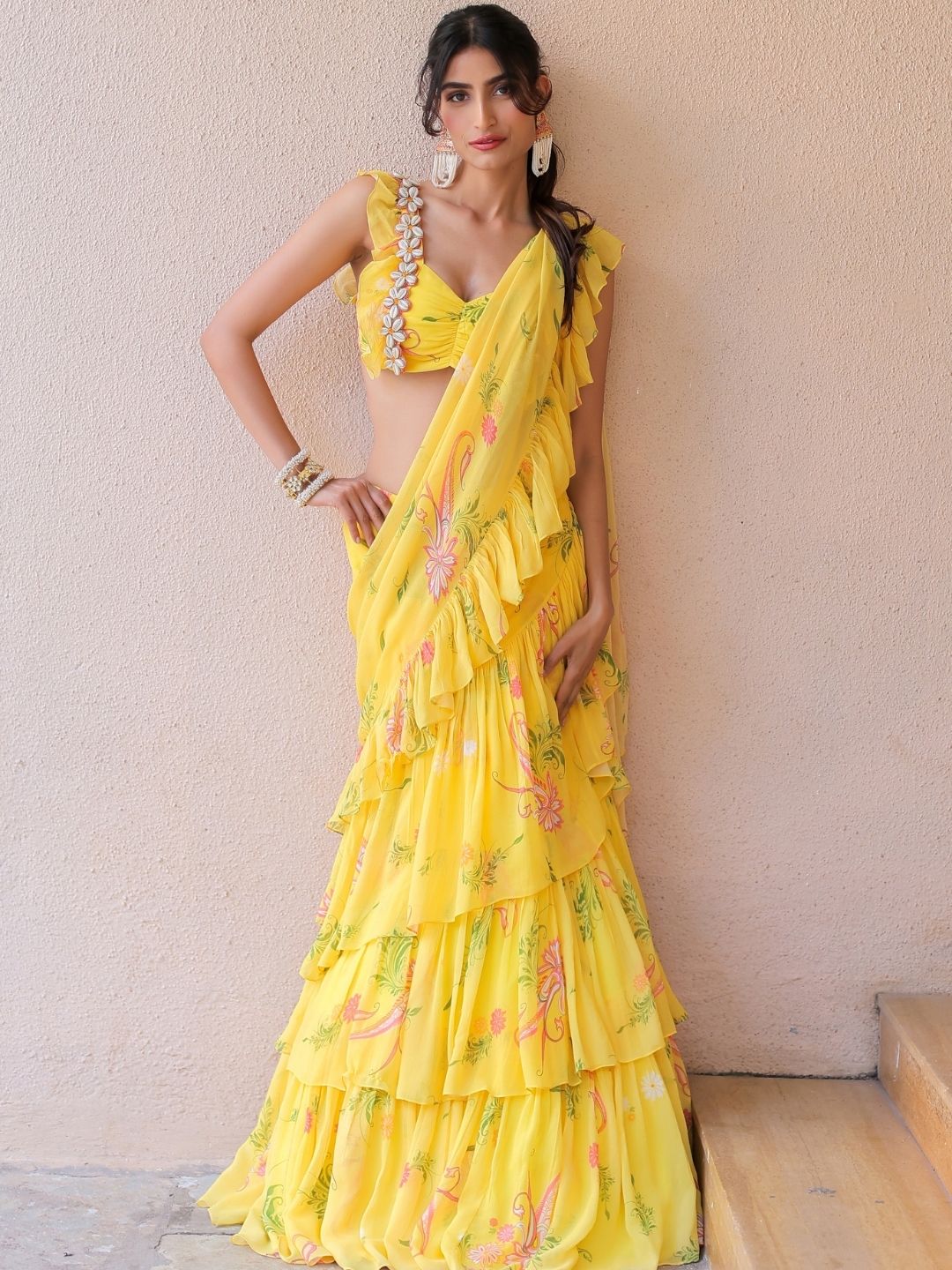 Yellow printed Ruffle Saree Set
