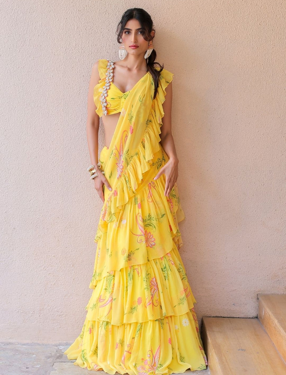 Yellow printed Ruffle Saree Set