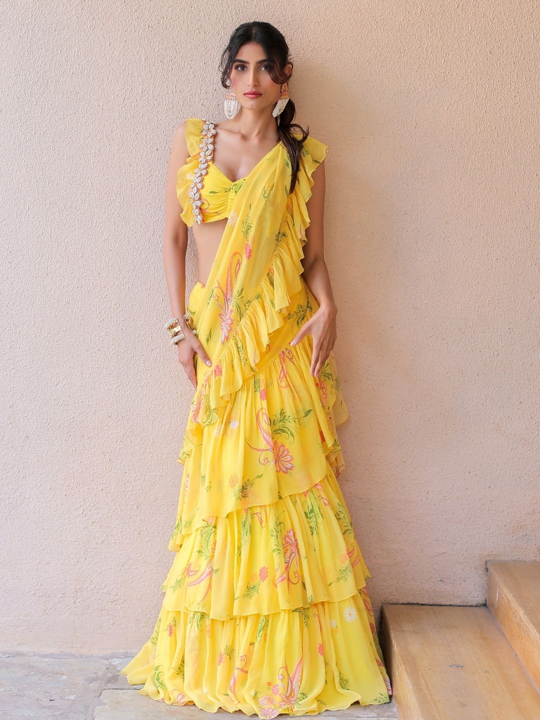 Yellow printed Ruffle Saree Set