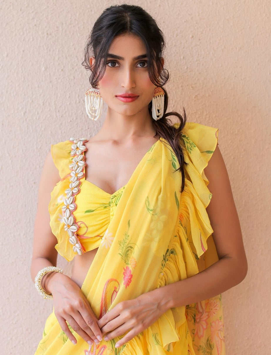 Yellow printed Ruffle Saree Set