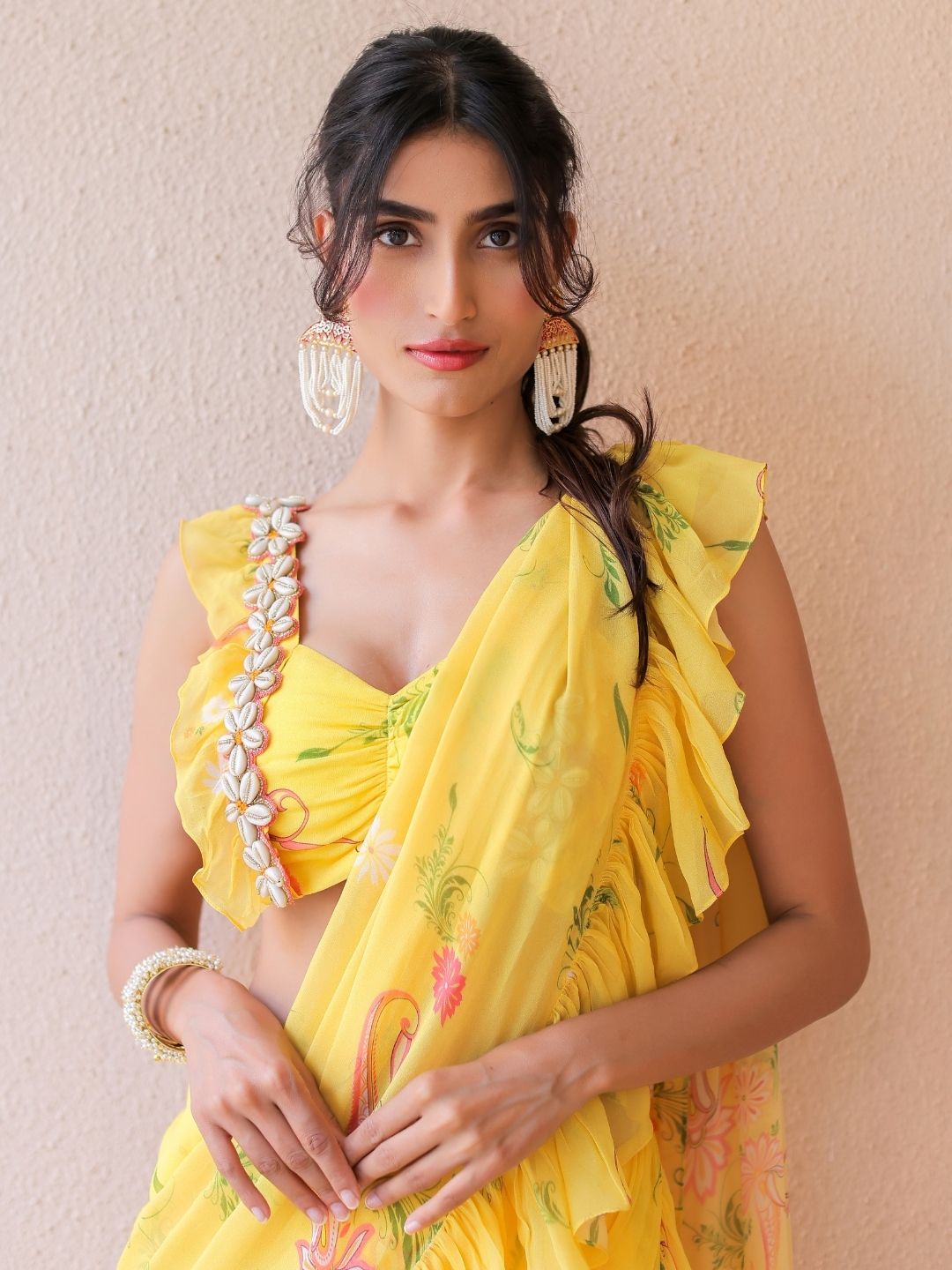Yellow printed Ruffle Saree Set
