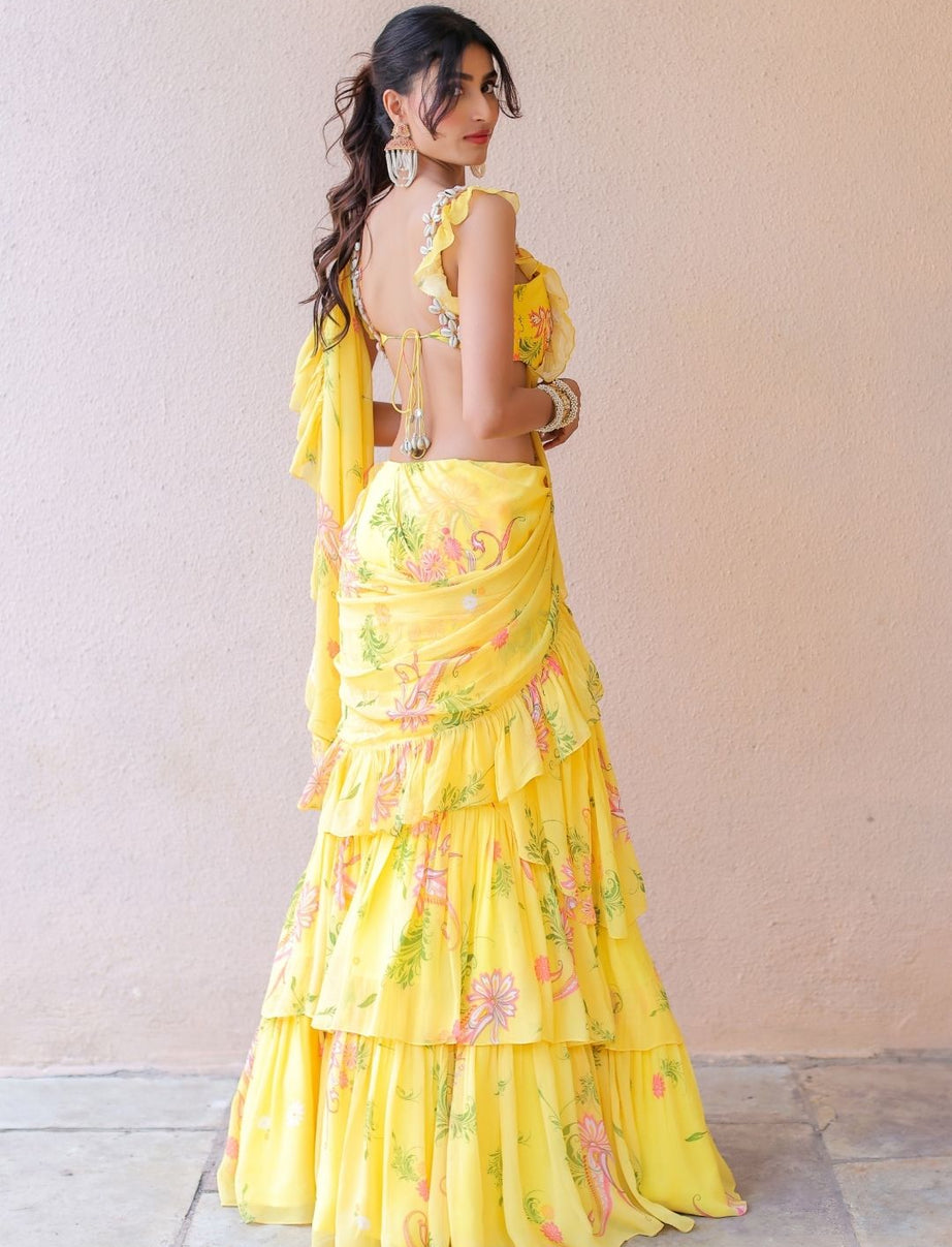 Yellow printed Ruffle Saree Set