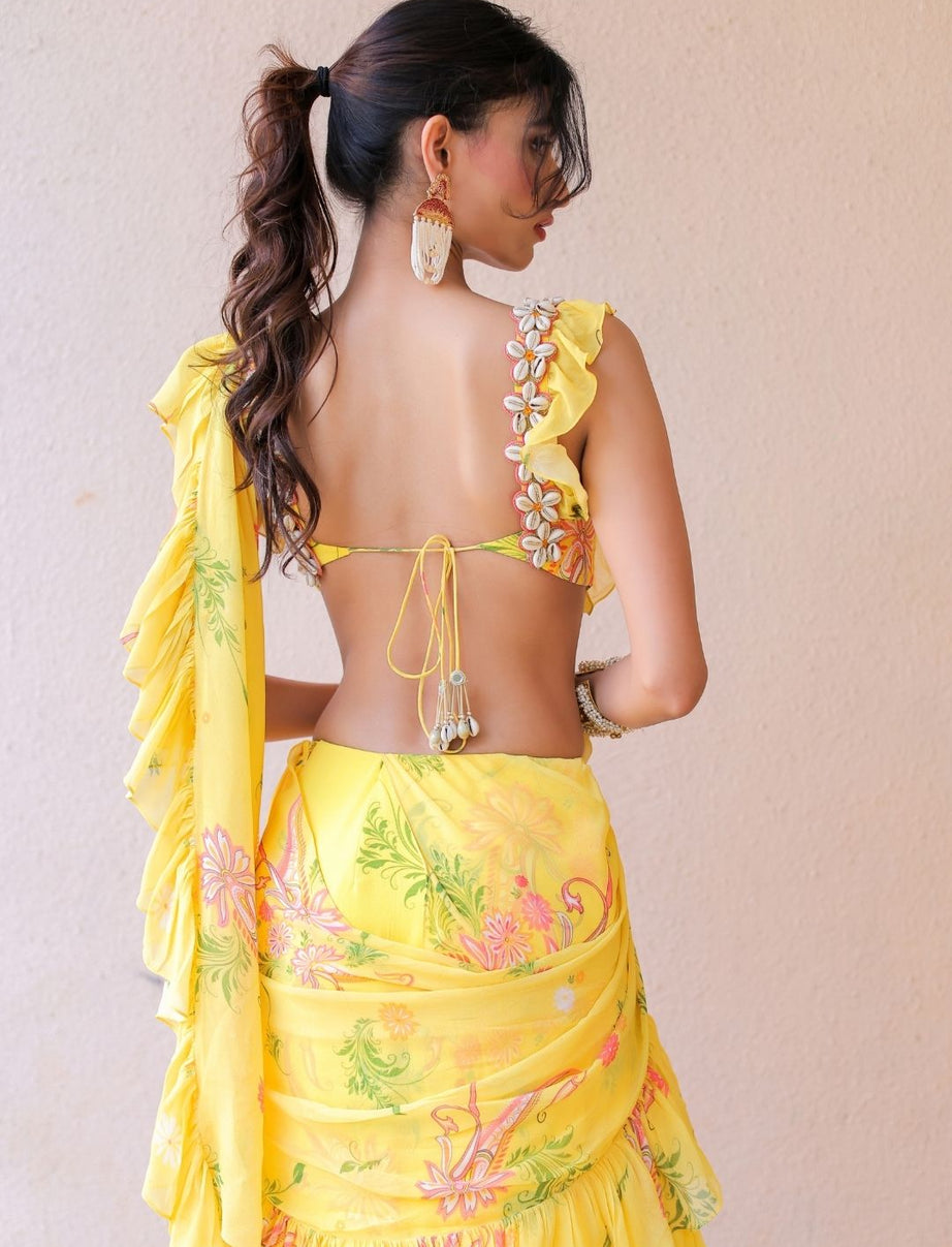 Yellow printed Ruffle Saree Set