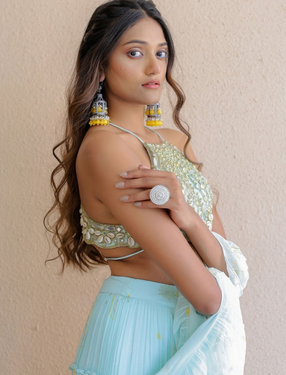 Blue Printed Tiered Lehenga Set