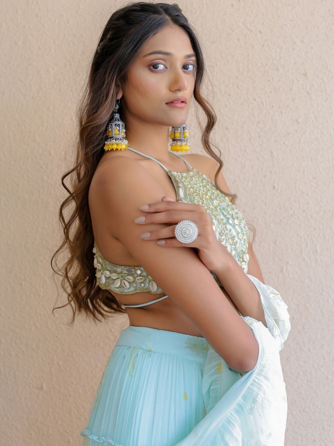 Blue Printed Tiered Lehenga Set