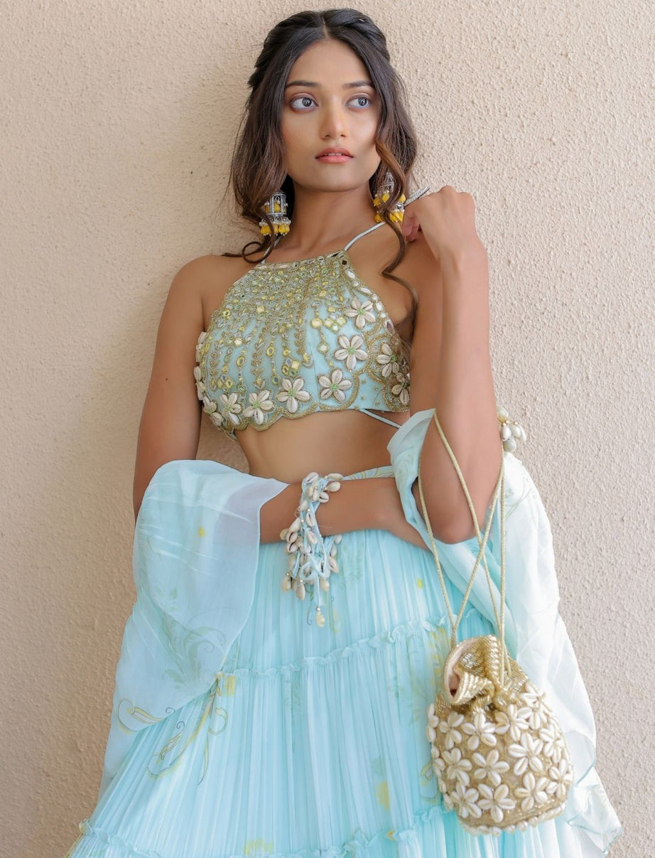 Blue Printed Tiered Lehenga Set