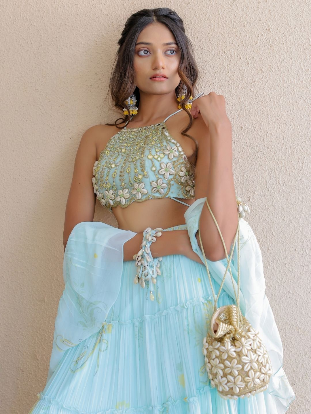 Blue Printed Tiered Lehenga Set