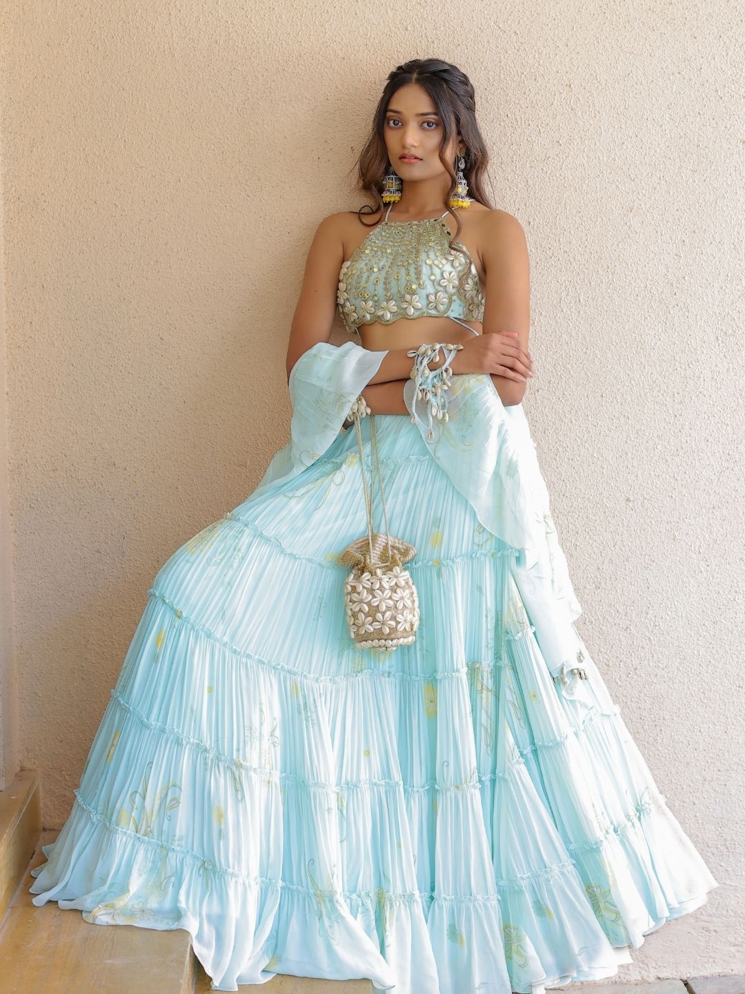 Blue Printed Tiered Lehenga Set