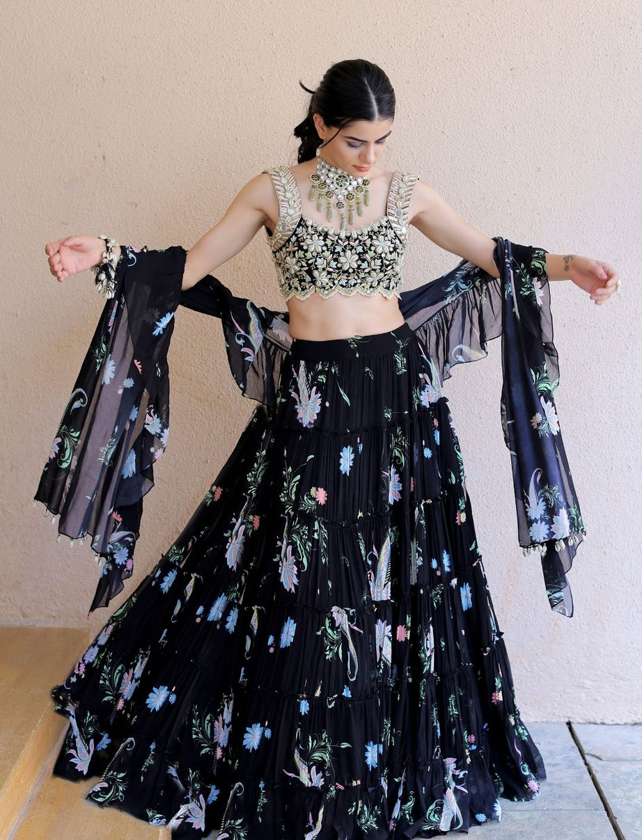 Black Printed Tiered Lehenga Set