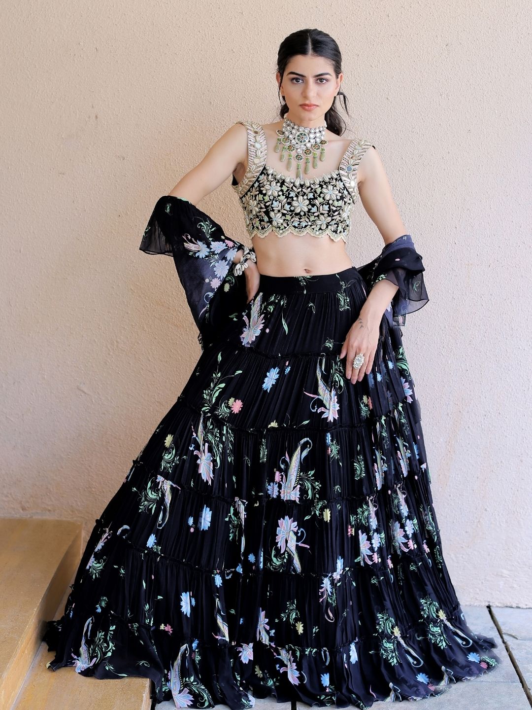 Black Printed Tiered Lehenga Set