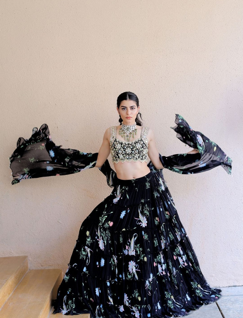 Black Printed Tiered Lehenga Set