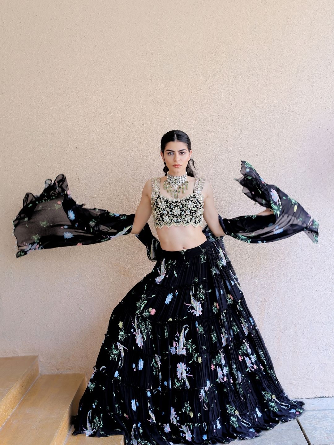 Black Printed Tiered Lehenga Set