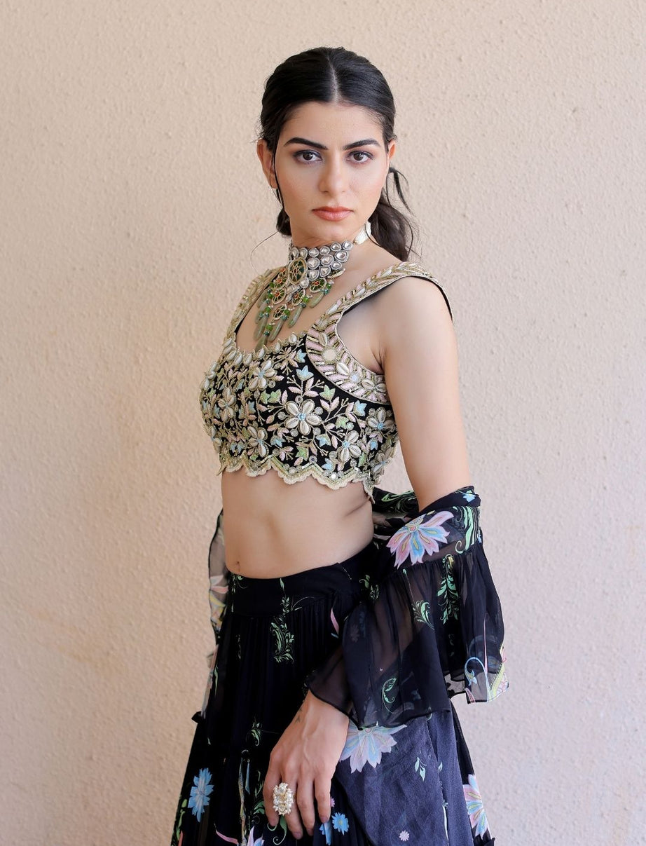 Black Printed Tiered Lehenga Set