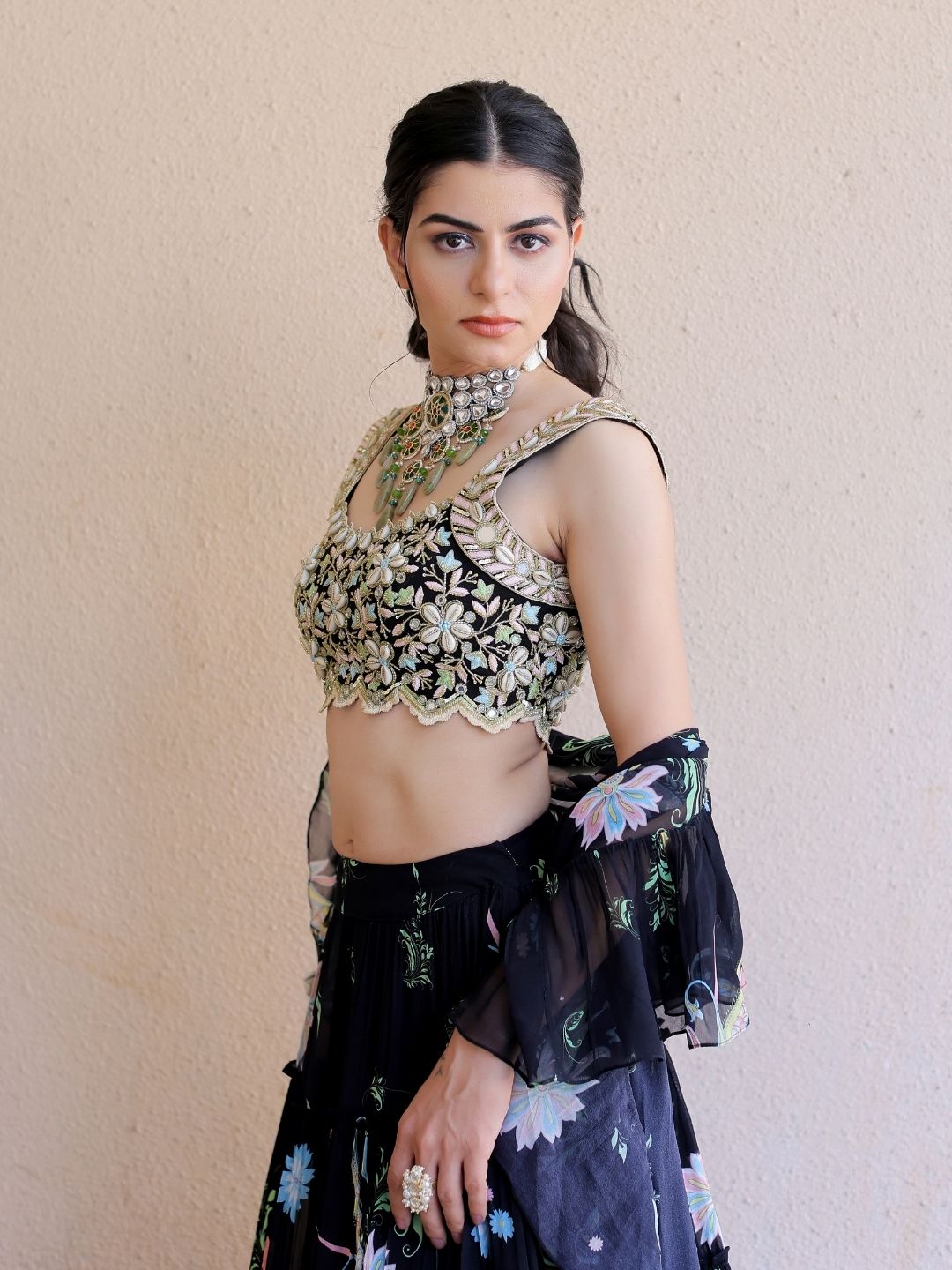 Black Printed Tiered Lehenga Set