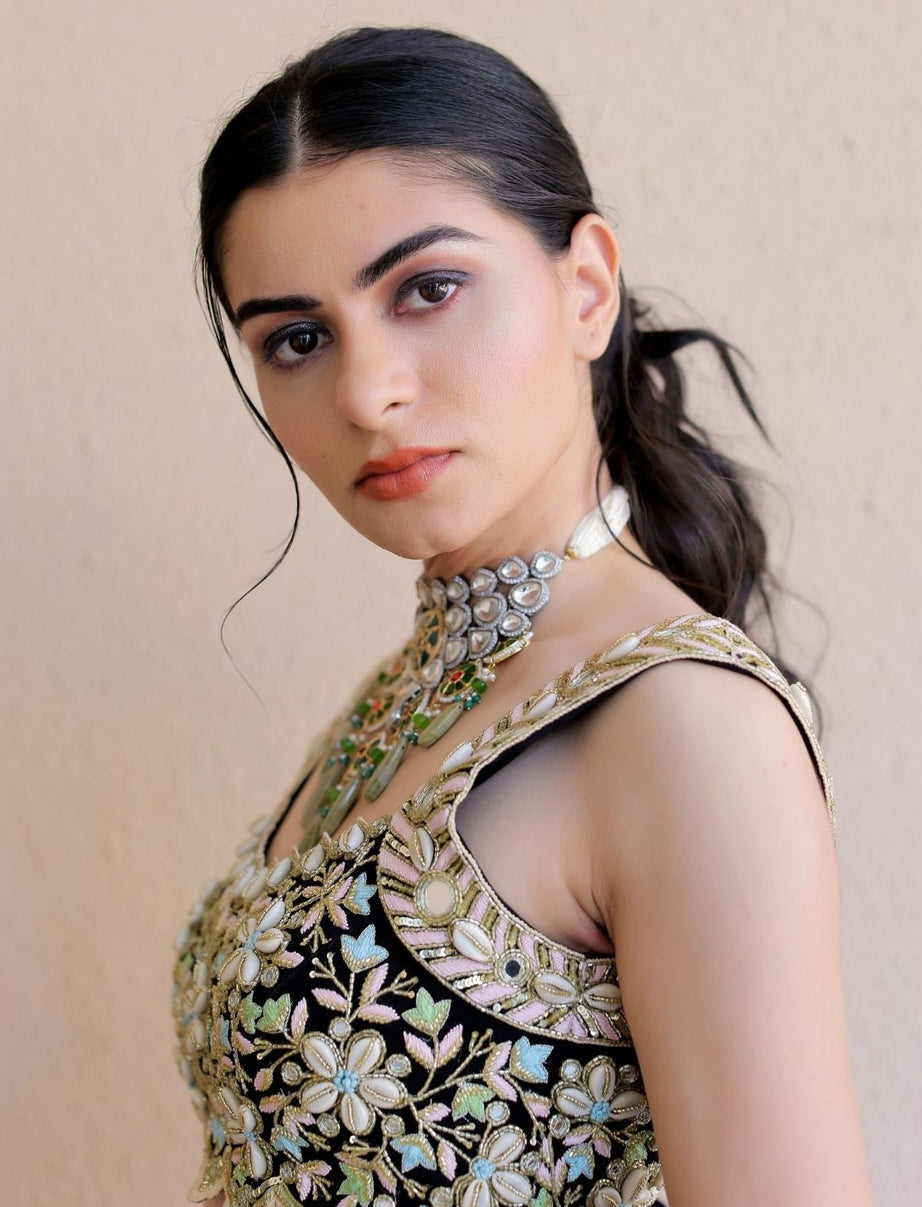 Black Printed Tiered Lehenga Set