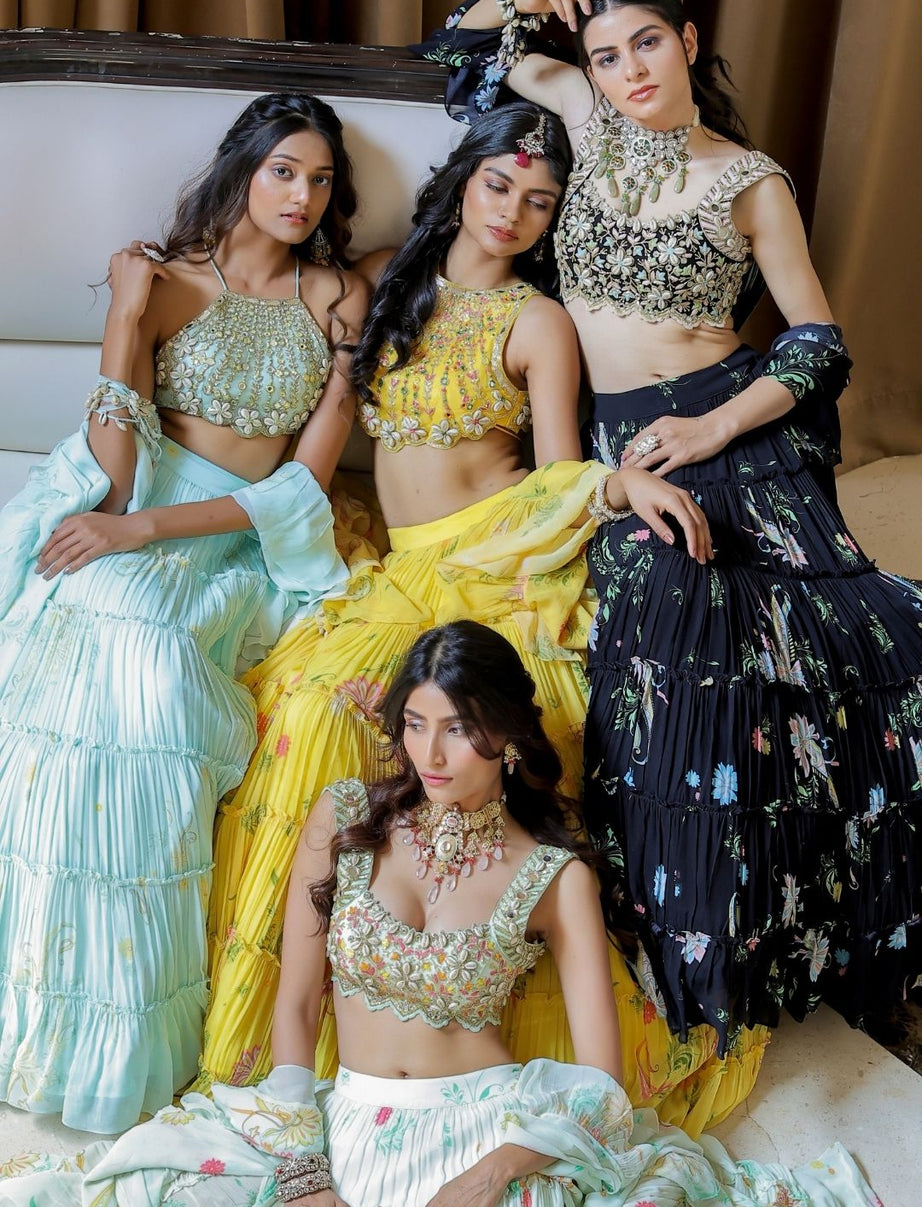 Black Printed Tiered Lehenga Set