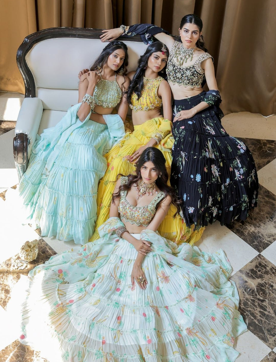 White Printed Tiered Lehenga Set