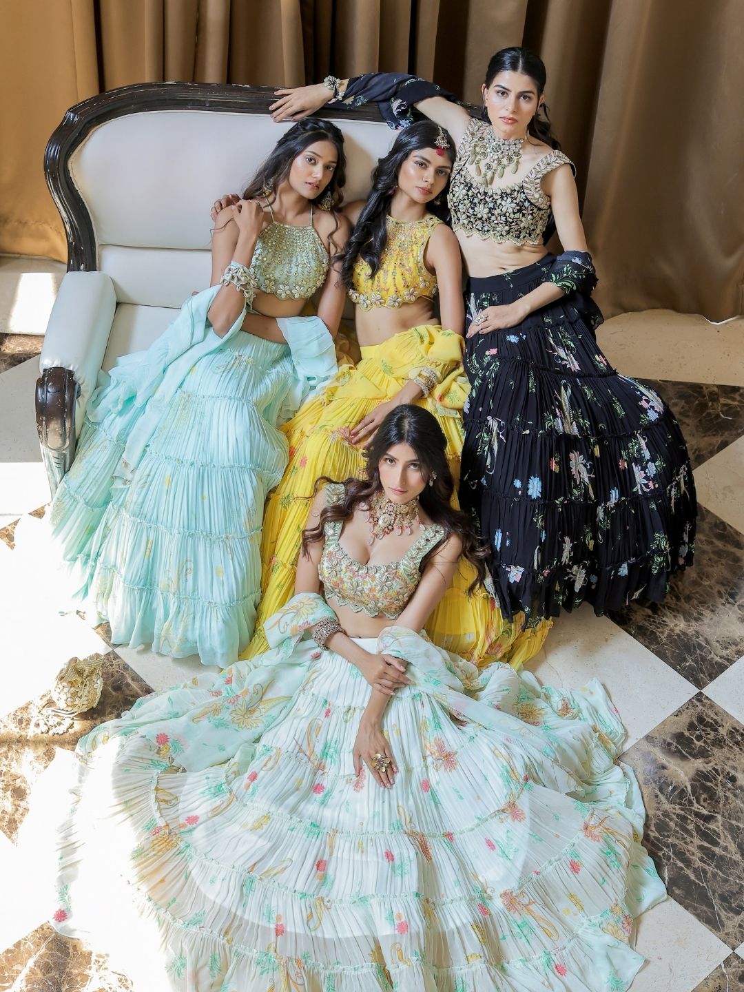 White Printed Tiered Lehenga Set