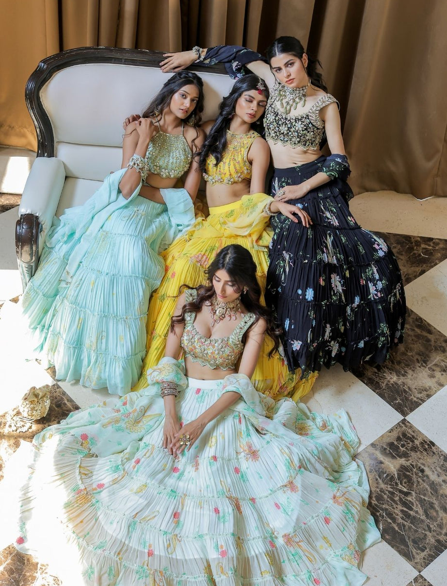 White Printed Tiered Lehenga Set