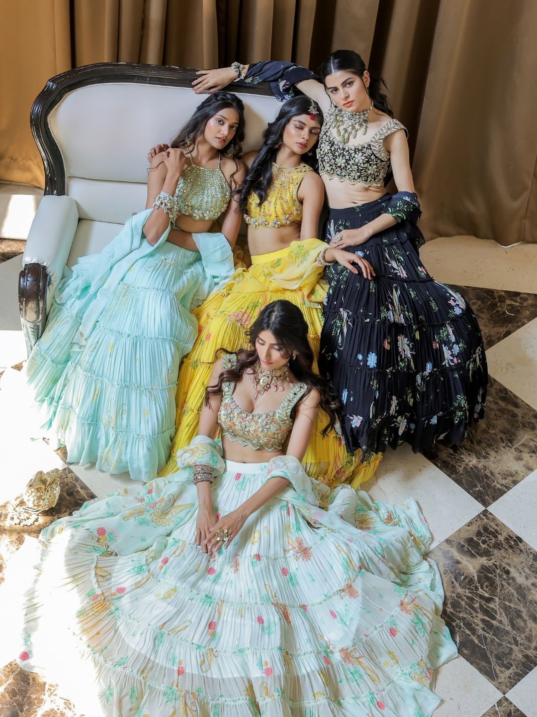 White Printed Tiered Lehenga Set