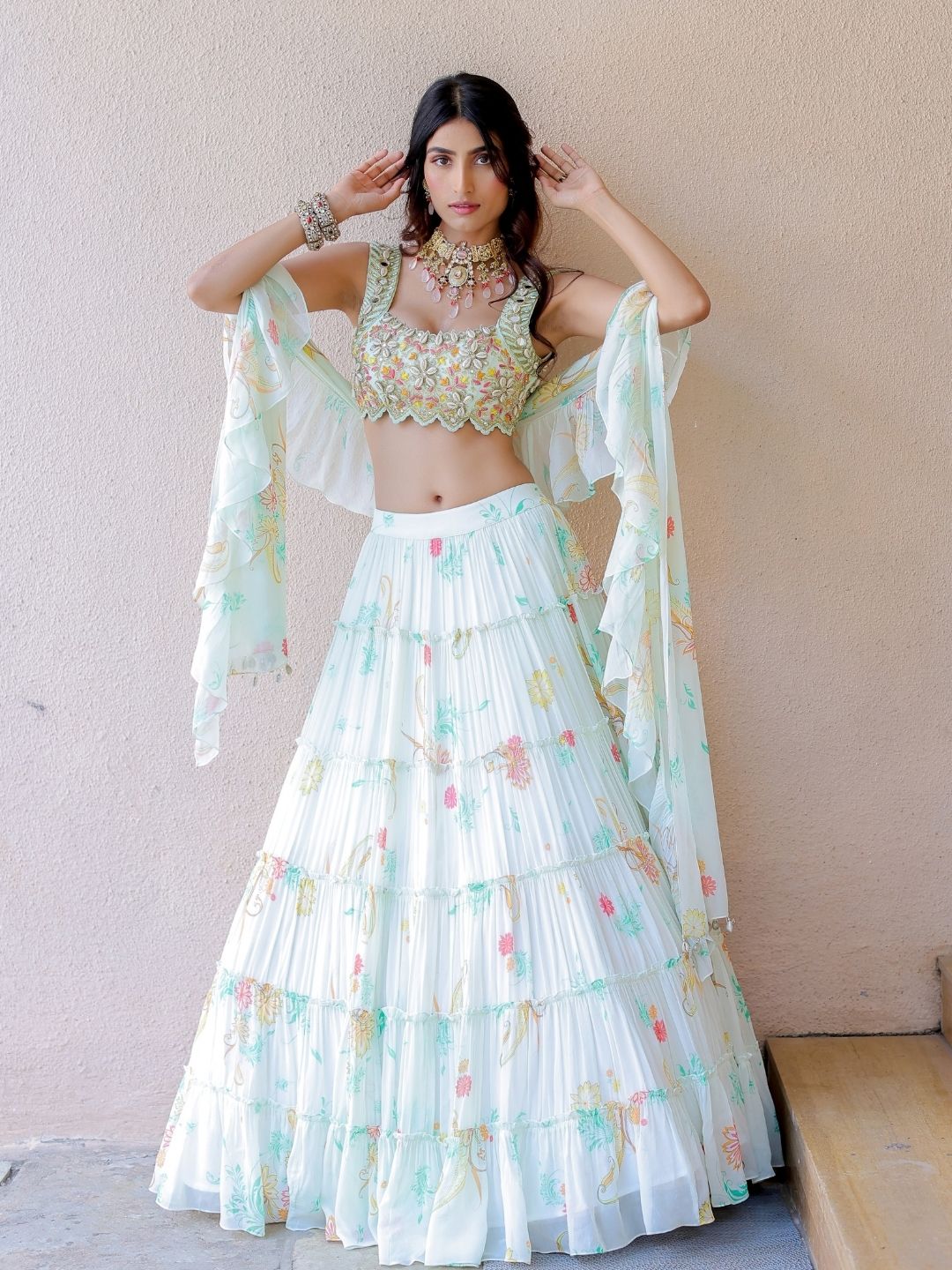 White Printed Tiered Lehenga Set