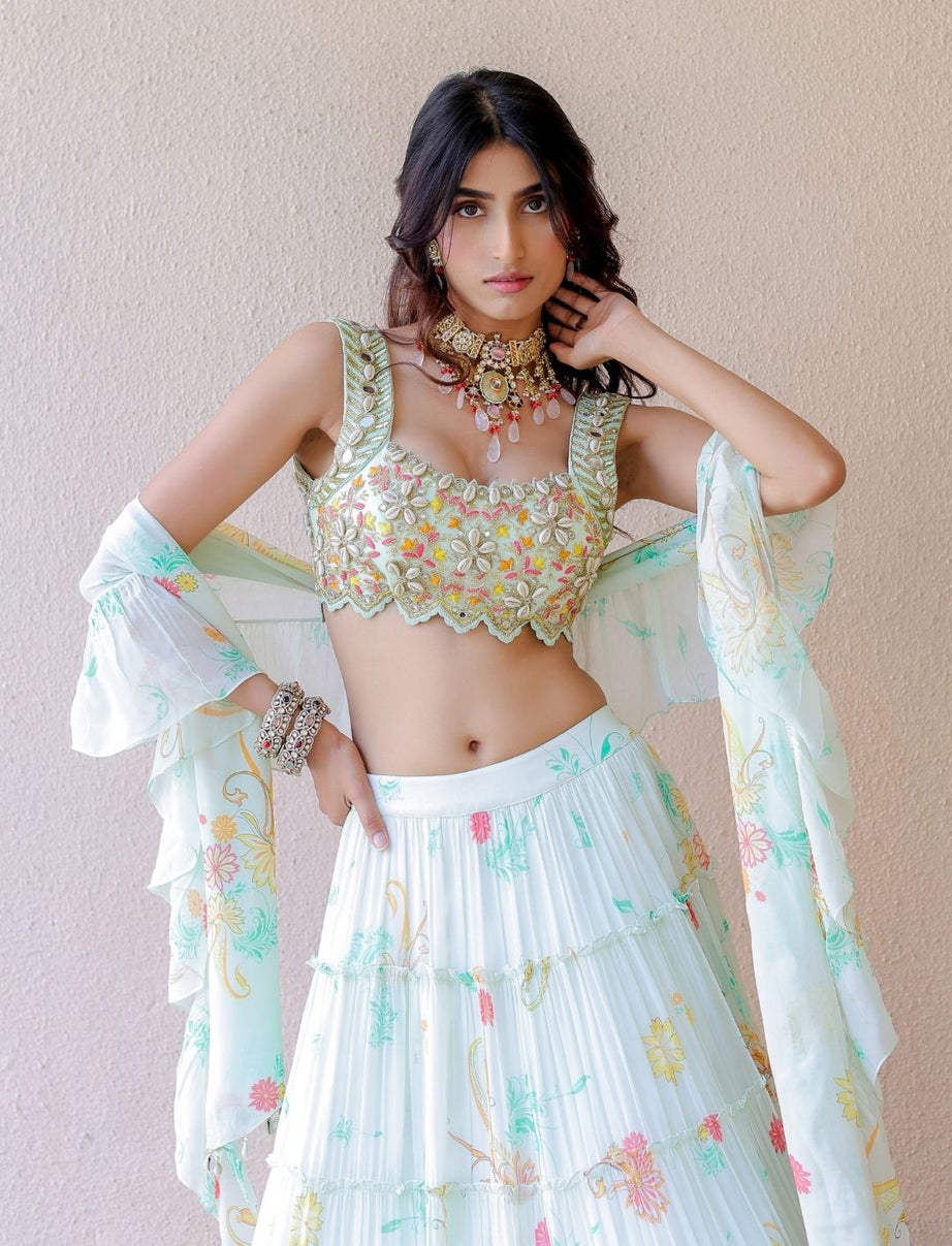 White Printed Tiered Lehenga Set