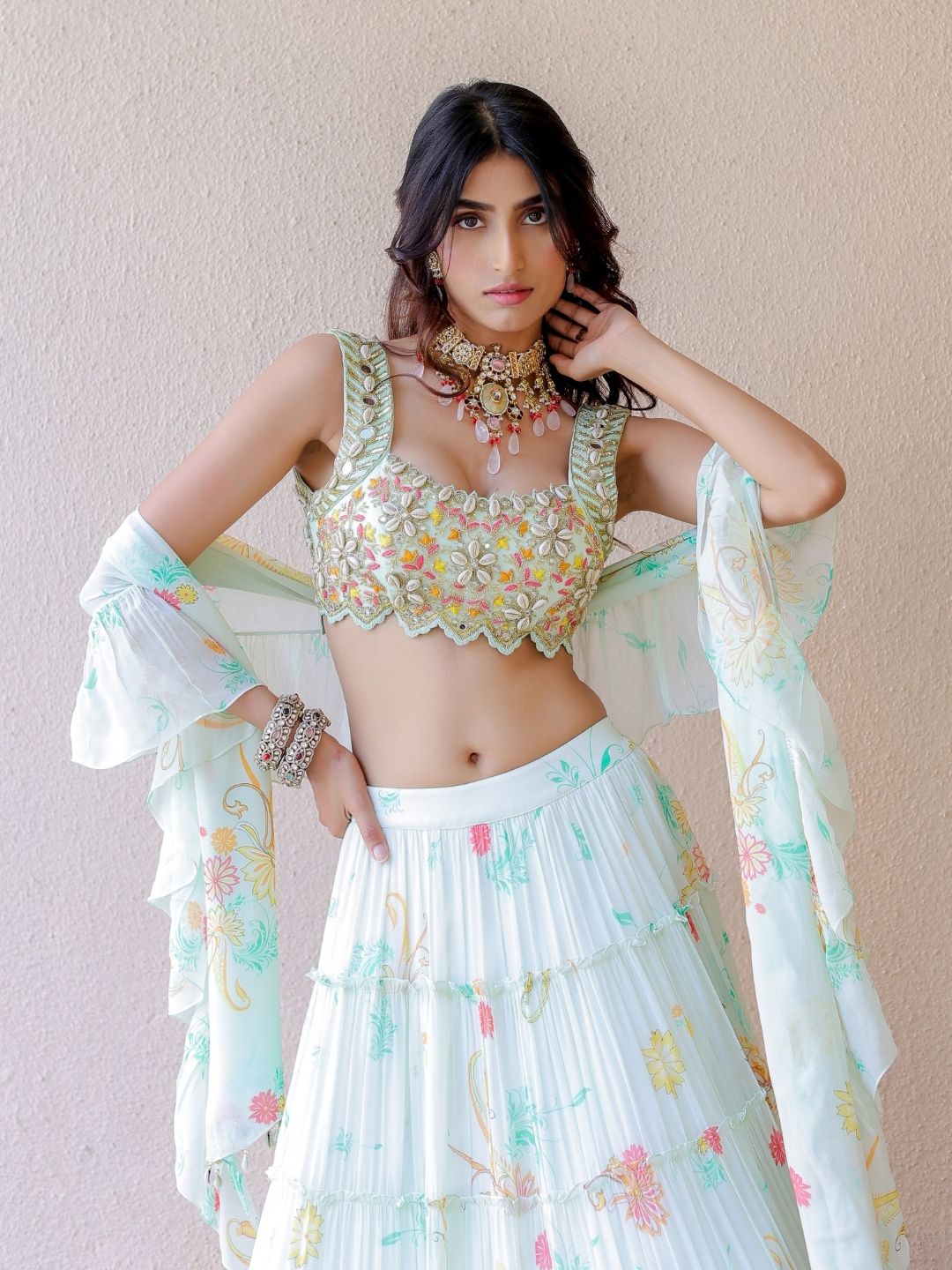 White Printed Tiered Lehenga Set
