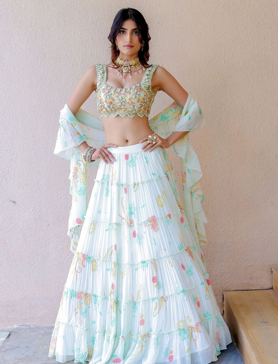 White Printed Tiered Lehenga Set