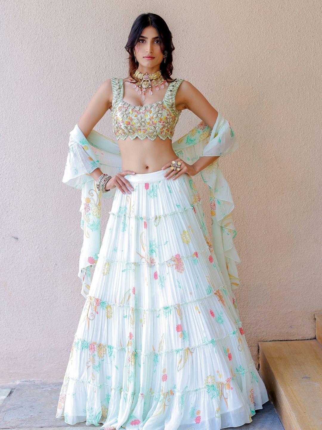 White Printed Tiered Lehenga Set