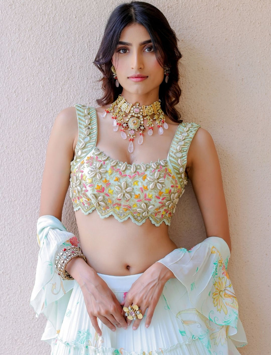 White Printed Tiered Lehenga Set