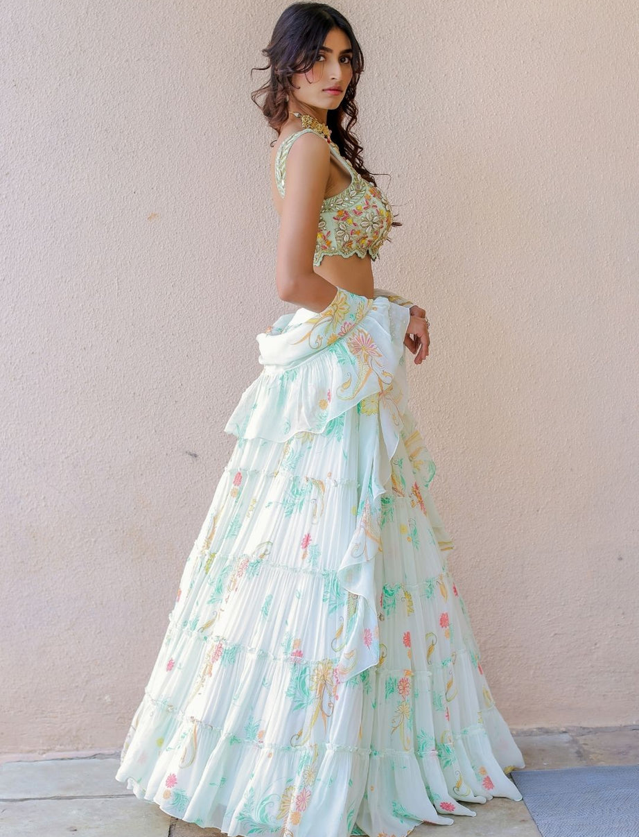 White Printed Tiered Lehenga Set