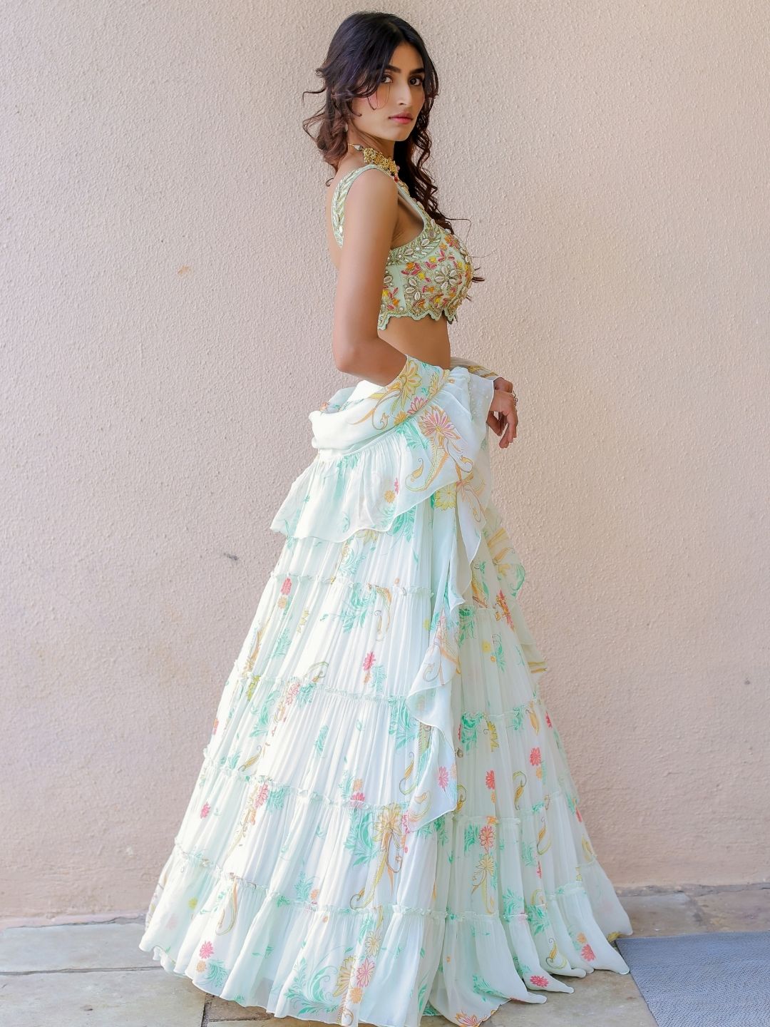 White Printed Tiered Lehenga Set