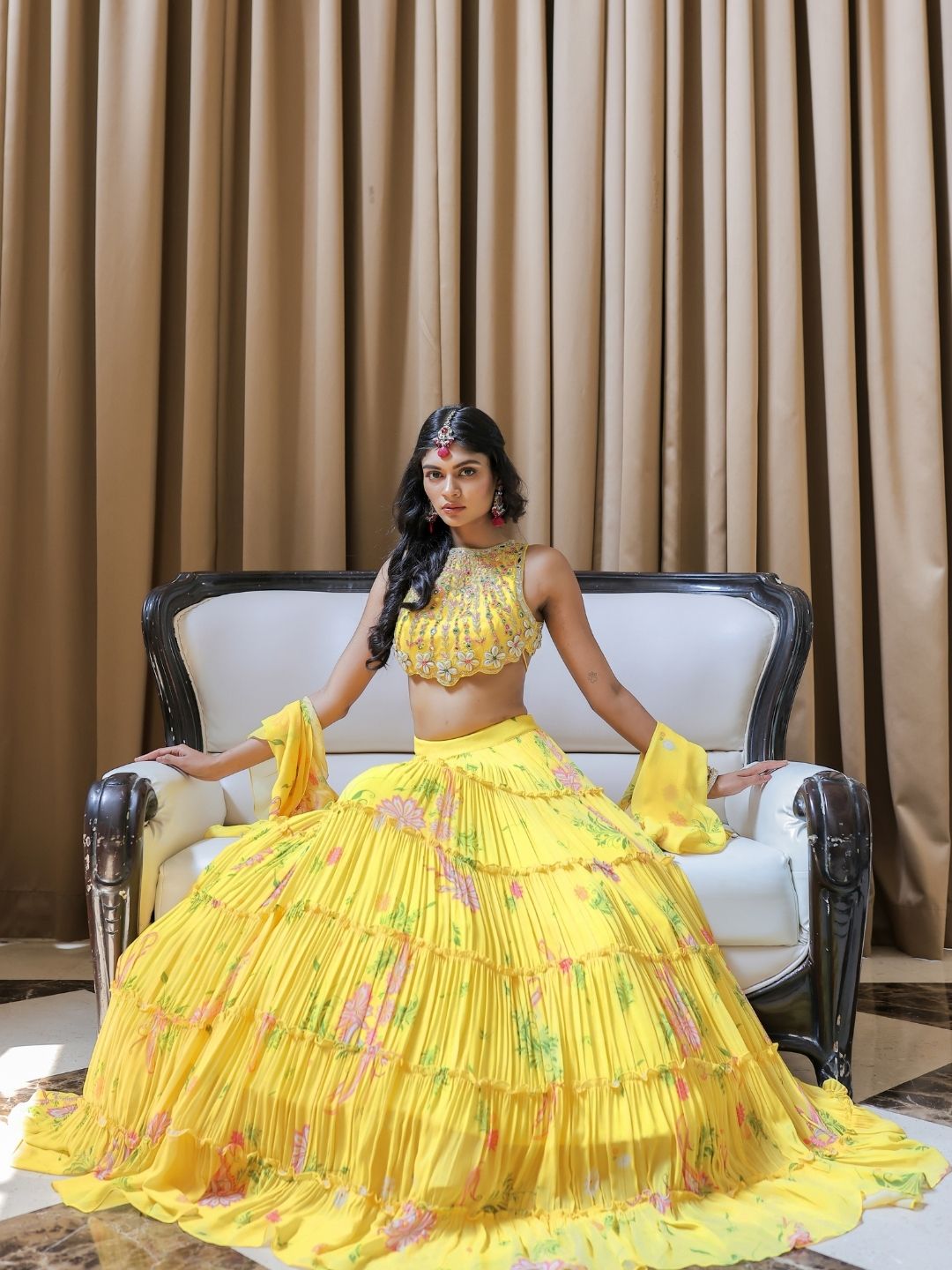 Yellow Printed Tiered Lehenga Set (S)