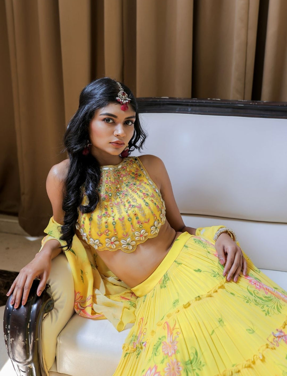 Yellow Printed Tiered Lehenga Set