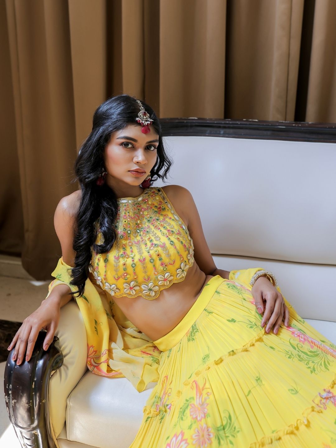Yellow Printed Tiered Lehenga Set