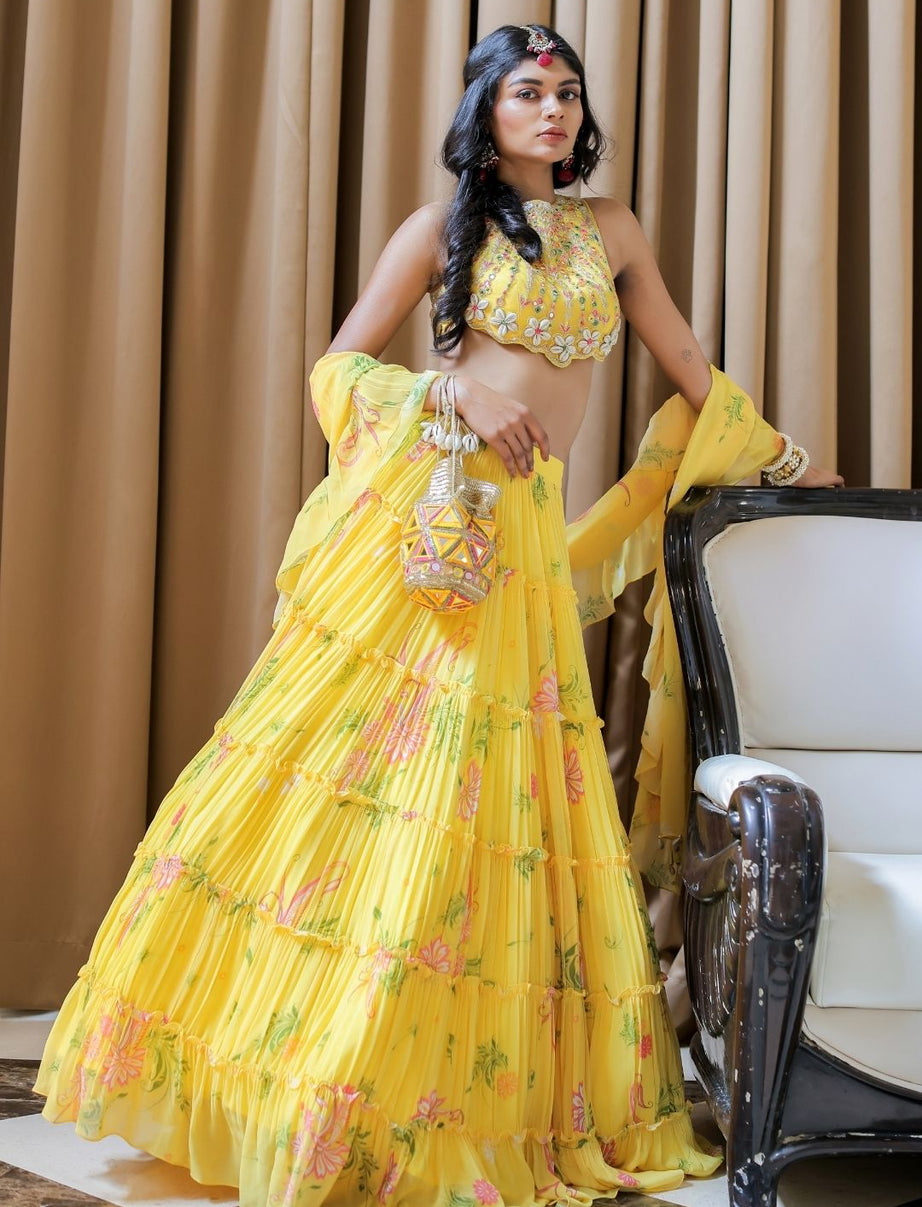 Yellow Printed Tiered Lehenga Set