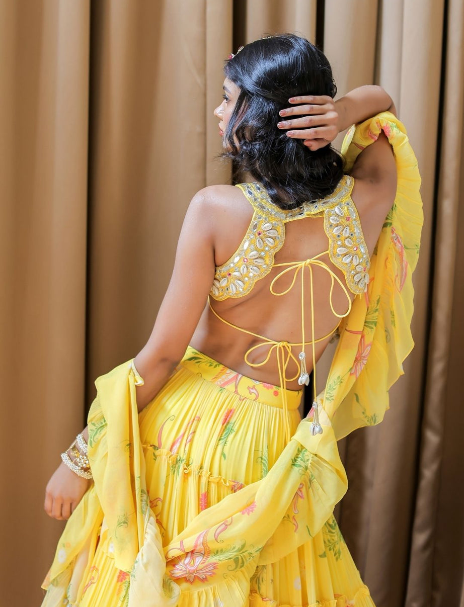 Yellow Printed Tiered Lehenga Set