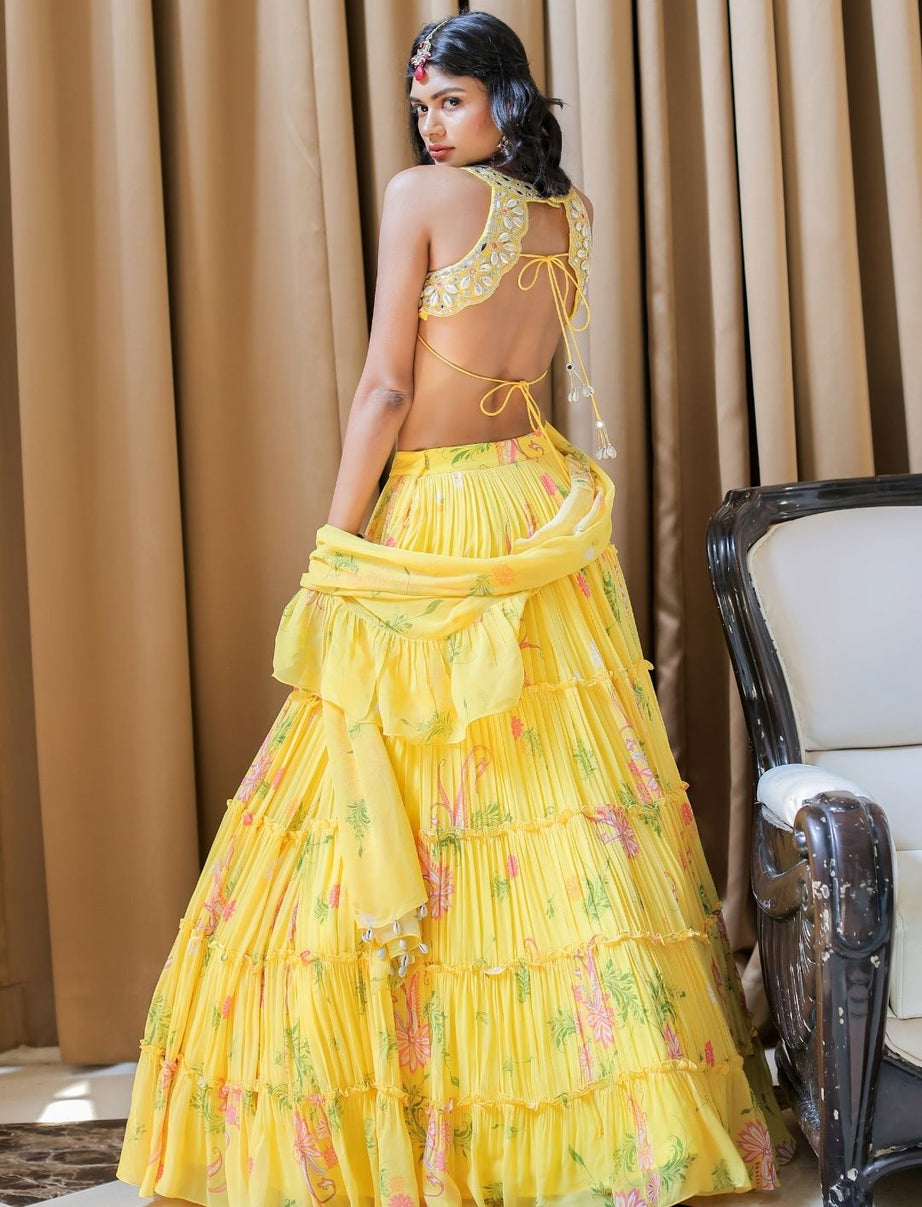 Yellow Printed Tiered Lehenga Set