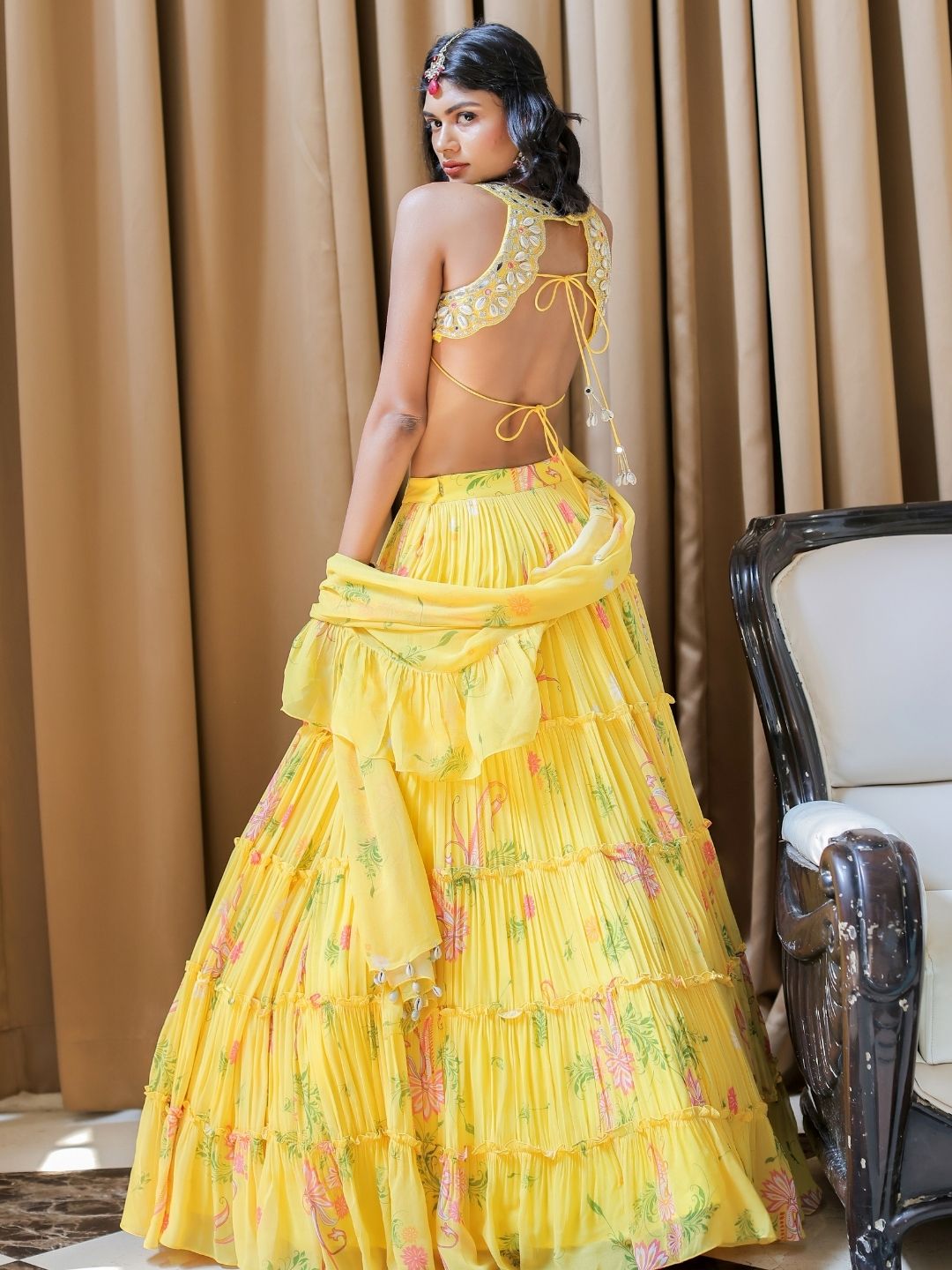 Yellow Printed Tiered Lehenga Set