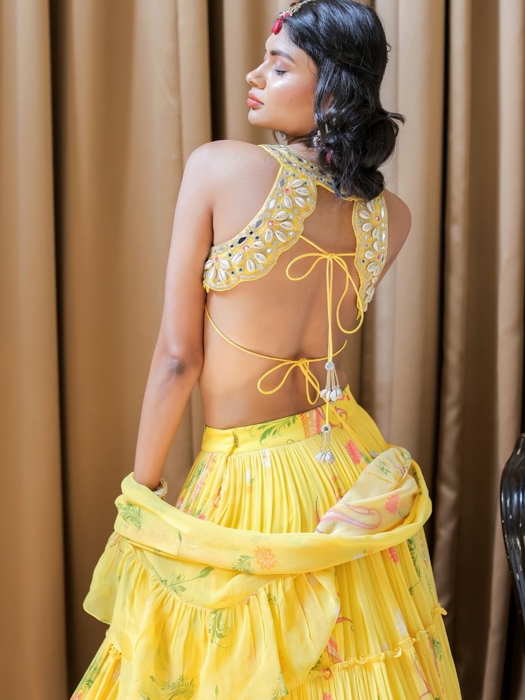 Yellow Printed Tiered Lehenga Set