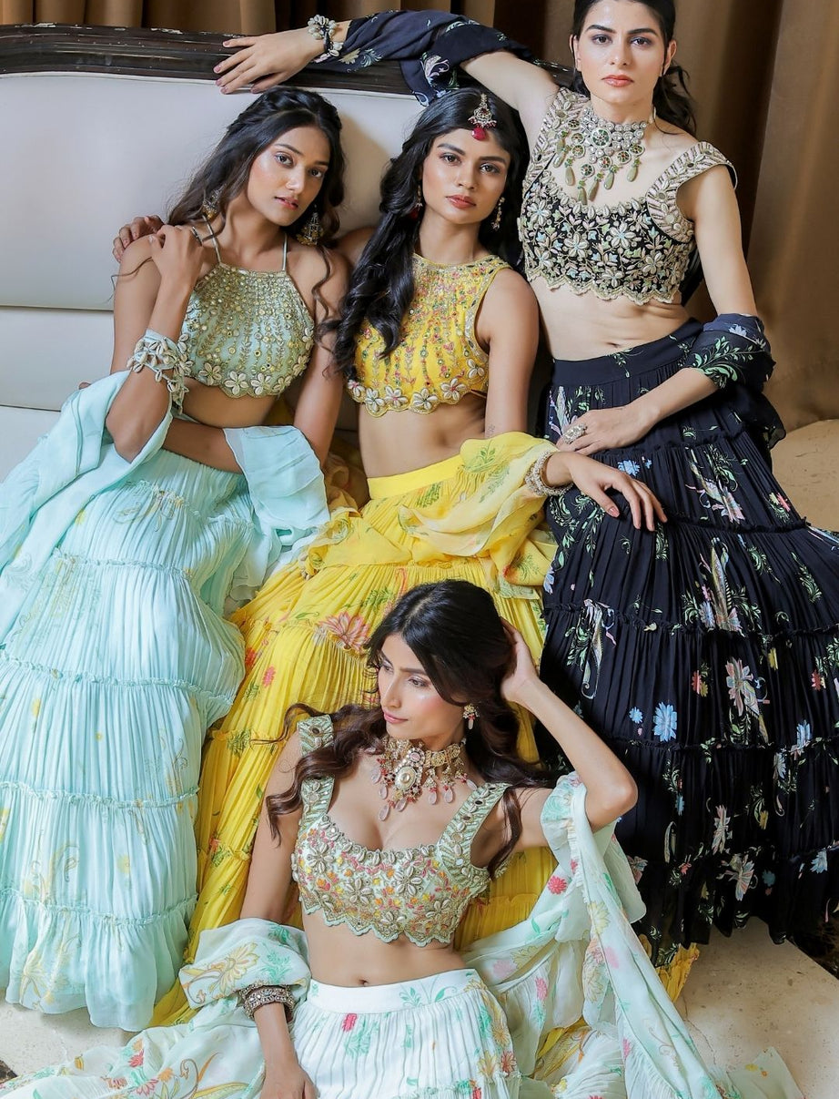 Yellow Printed Tiered Lehenga Set