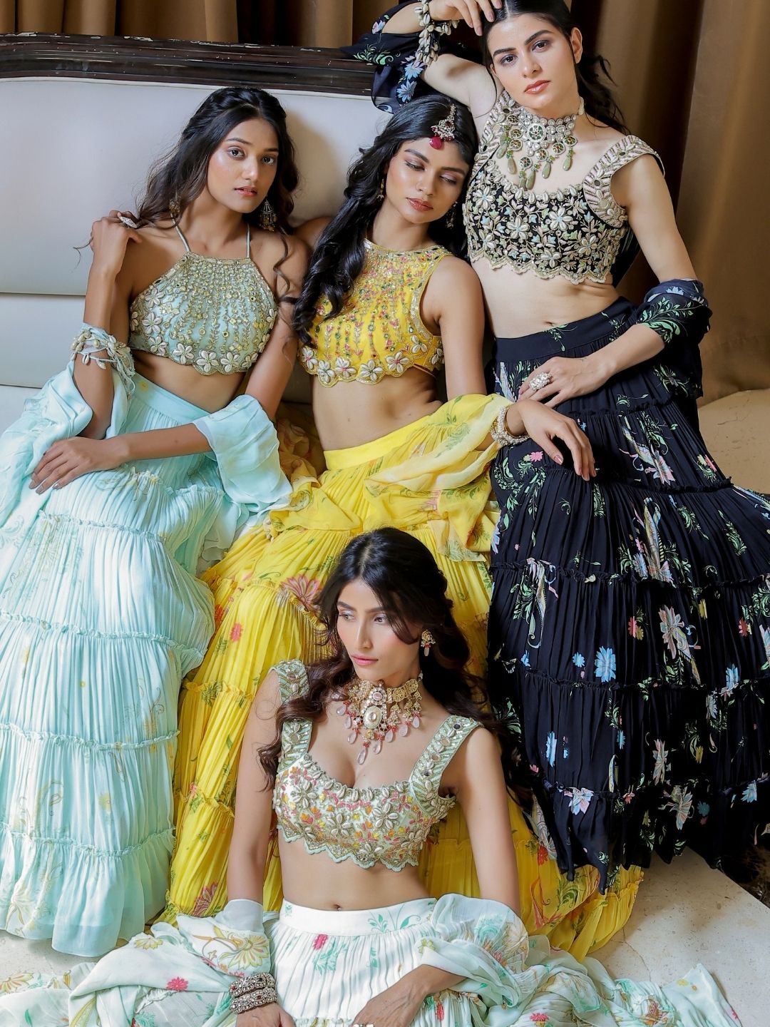 Yellow Printed Tiered Lehenga Set