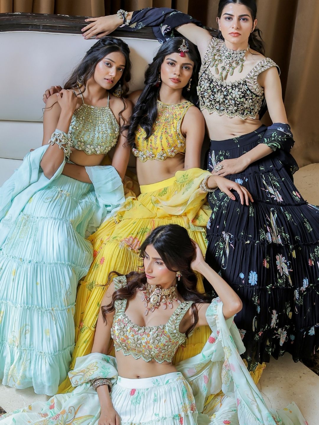 Yellow Printed Tiered Lehenga Set